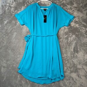 Worthington Turquoise Ocean Short Sleeve Tie Waist Shift Dress Small NWT